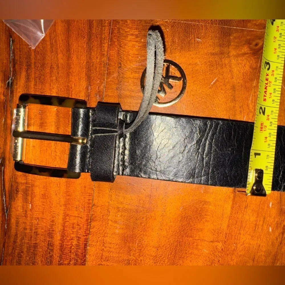 Michael Kors Black Pebbled Leather Belt-tortoise shell buckle w/ MK Charm Logo